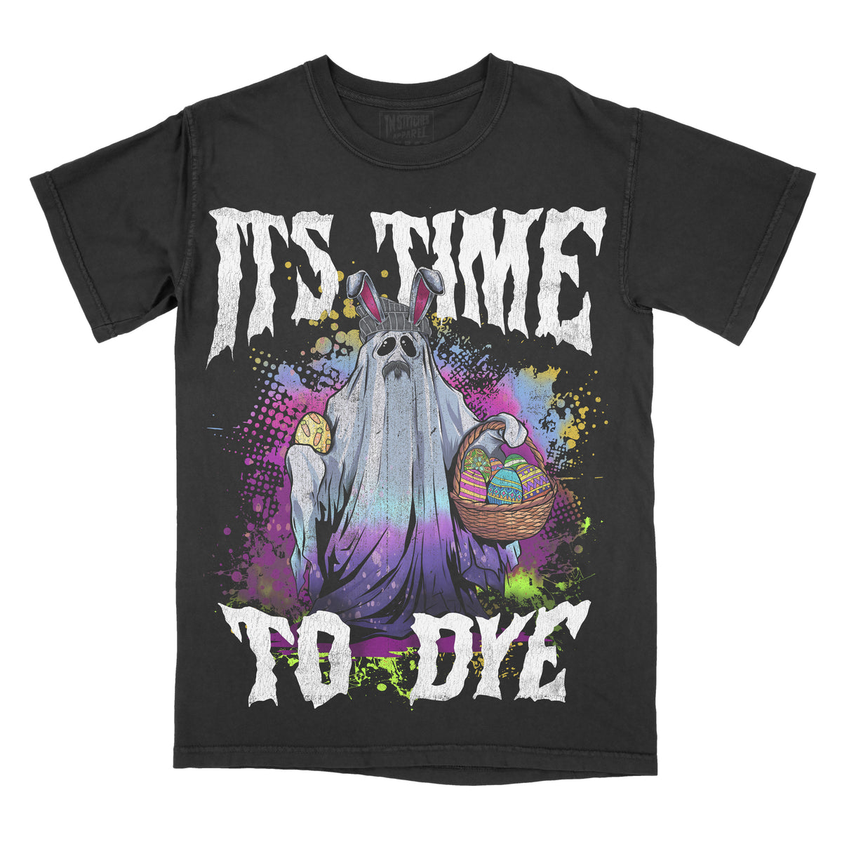 A black graphic tee with a colorful front print of a ghost character holding a basket with the text 'IT'S TIME TO DYE'.