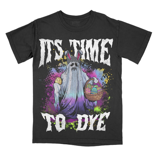 A black graphic tee with a colorful front print of a ghost character holding a basket with the text 'IT'S TIME TO DYE'.