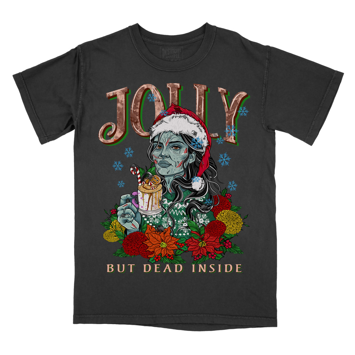 Black t-shirt with a graphic print of a character in a Santa hat holding a mug, surrounded by Christmas-themed decorations with the phrase jolly but dead inside