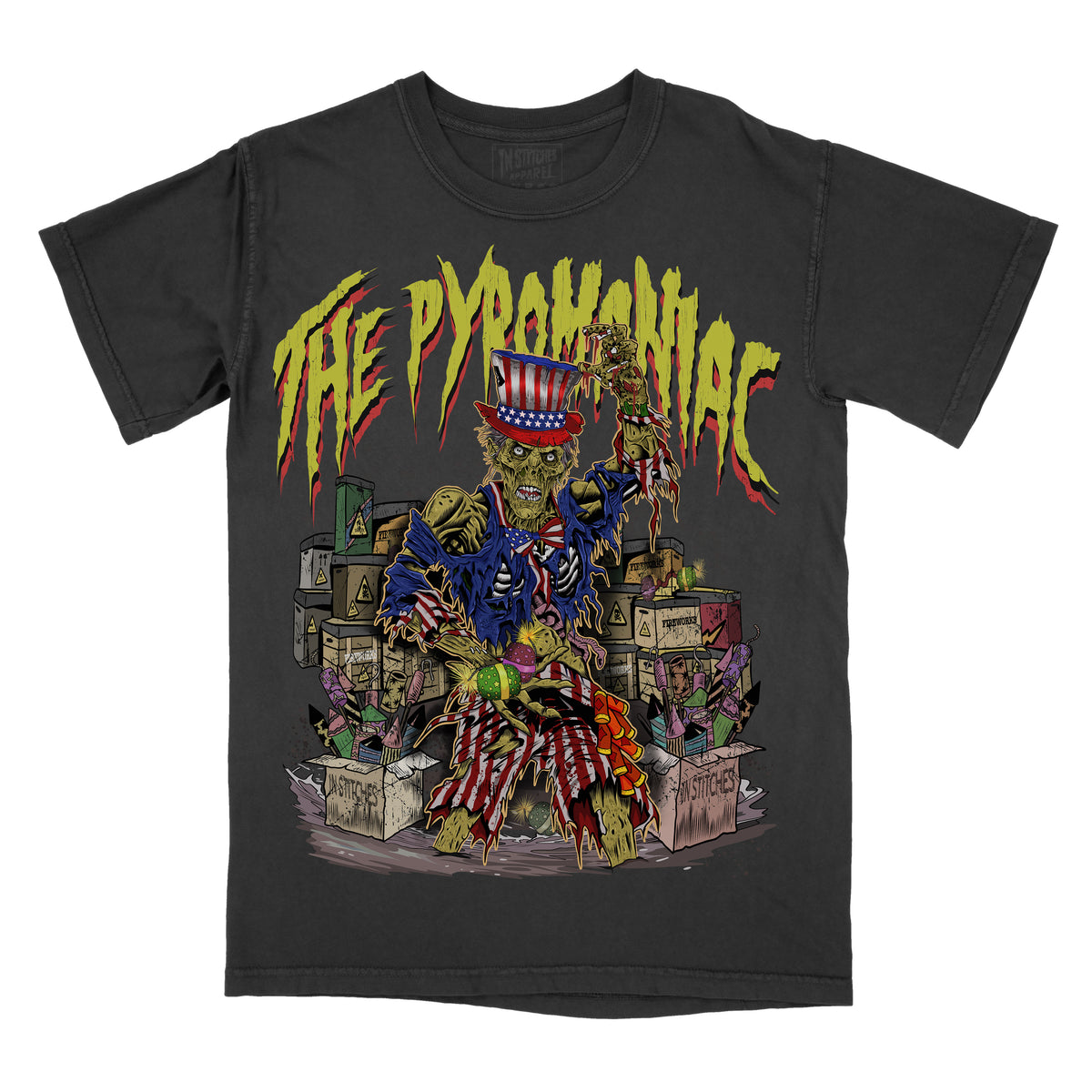 Black graphic tee with a patriotic-themed illustration featuring a character with an American flag and the text 'THE PYROMANIAC'.