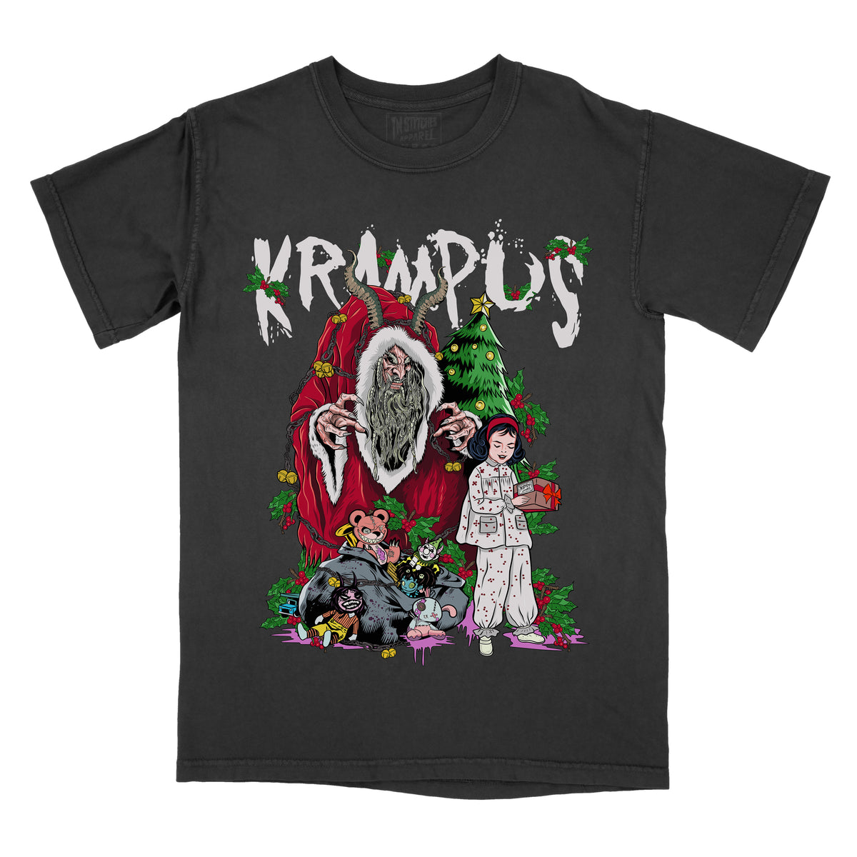 A graphic tee with the word 'KRAMPUS' printed on the front, featuring a large, detailed illustration of a character resembling Santa Claus, surrounded by Christmas trees and decorative elements.