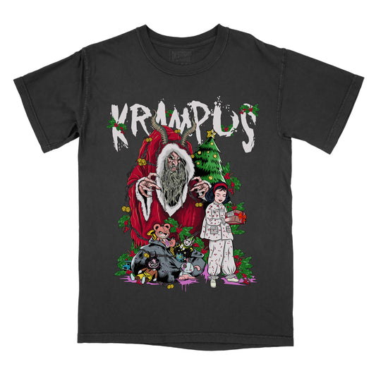 A graphic tee with the word 'KRAMPUS' printed on the front, featuring a large, detailed illustration of a character resembling Santa Claus, surrounded by Christmas trees and decorative elements.