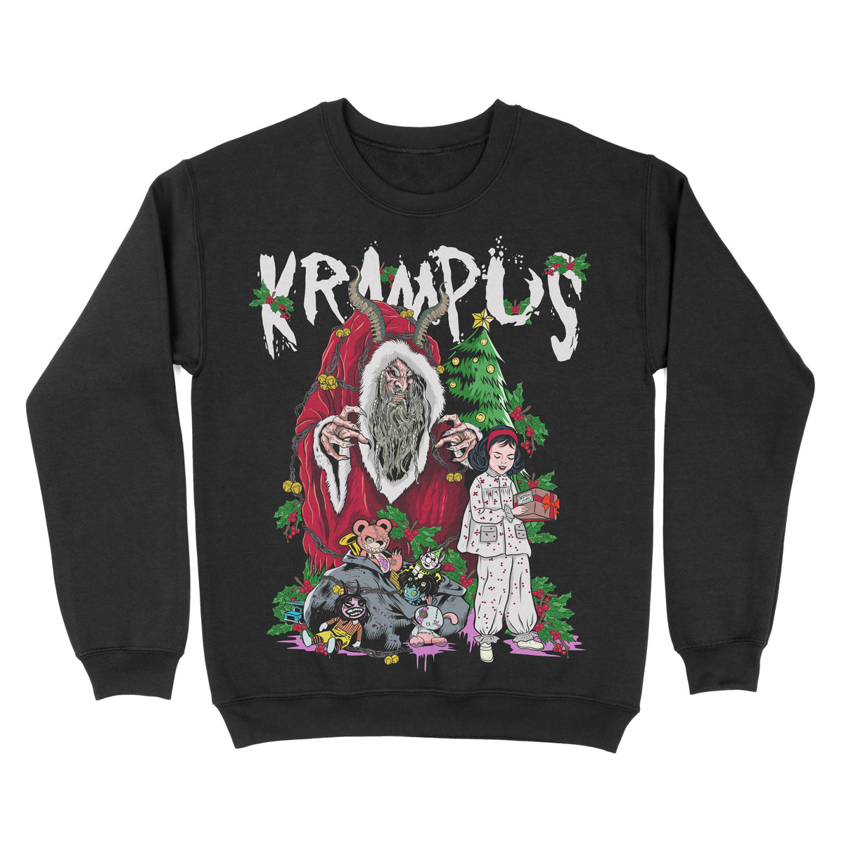 A black crewneck sweatshirt with a graphic print of a character resembling Krampus, Santa Claus, and a child, surrounded by Christmas-themed elements.
