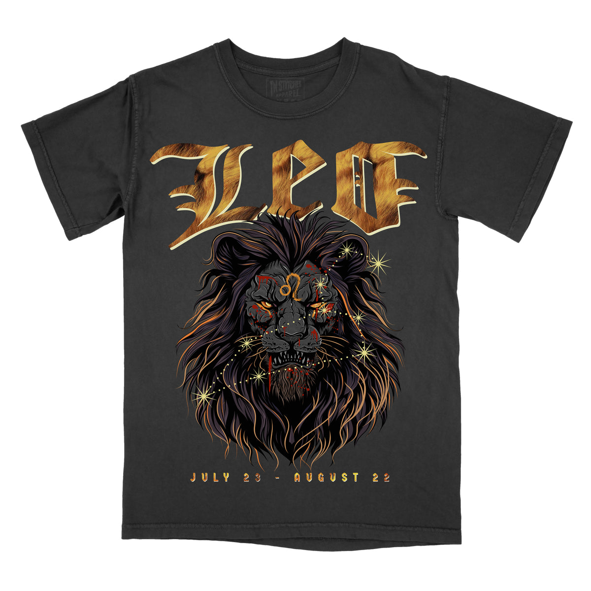Pepper graphic t-shirt with “Leo” text, illustrated lion zodiac artwork, and dates July 23 to August 22.