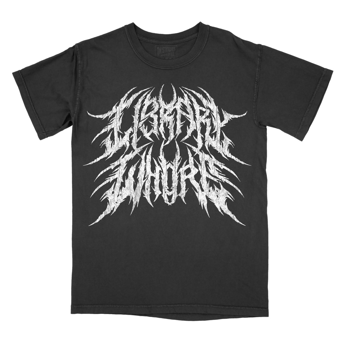 A black short-sleeve t-shirt with a large, stylized white graphic on the front that reads 'Library Whore' in a jagged, spiky font, displayed flat against a solid white background.
