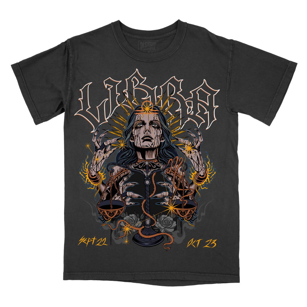 Graphic tee with a design featuring a female figure with hands extended and surrounded by a fiery, ornate border with the word 'LIBRA' above and the date '11/23/21' below. The tee is black with white and pepper accents.