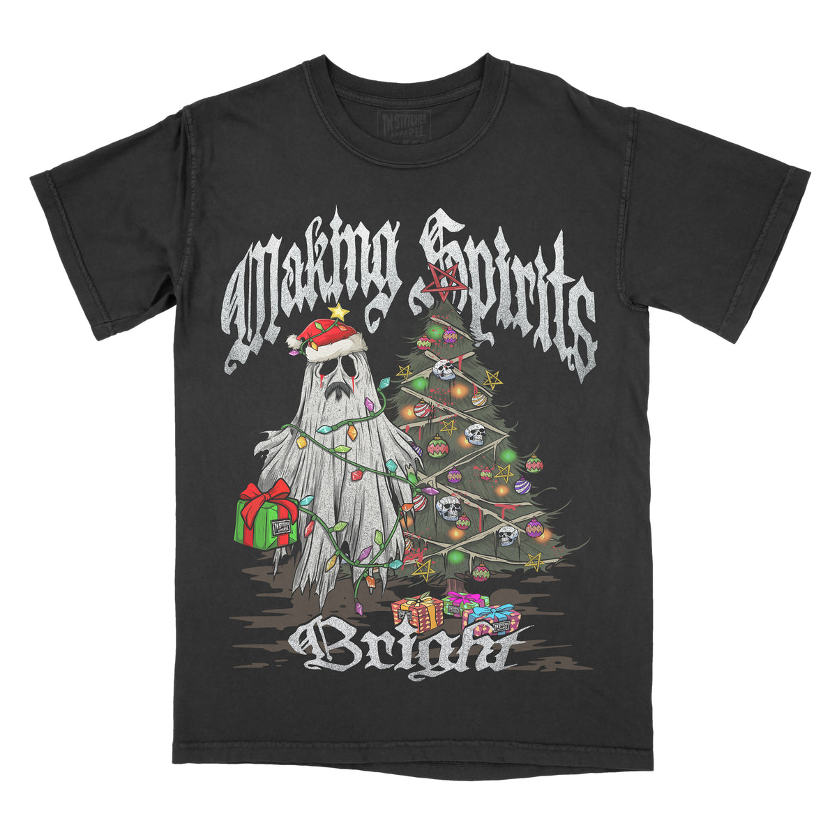 Black graphic t-shirt featuring the phrase “Making Spirits Bright” above an illustration of a ghost wearing a Santa hat standing beside a decorated Christmas tree with wrapped presents.