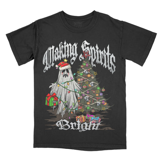 Black graphic t-shirt featuring the phrase “Making Spirits Bright” above an illustration of a ghost wearing a Santa hat standing beside a decorated Christmas tree with wrapped presents.