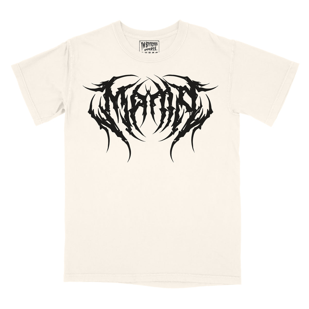A cream graphic tee with the word 'MAMA' printed in a large, black, metal font across the chest.