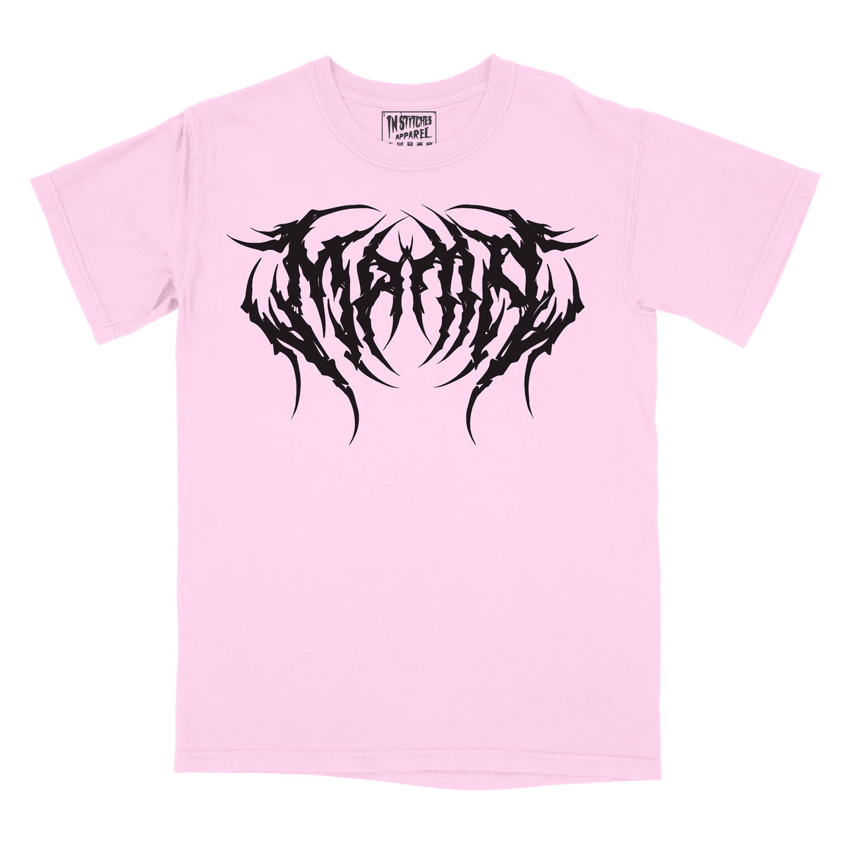 A pink graphic tee with the word 'MAMA' printed in a large, black, metal font across the chest.