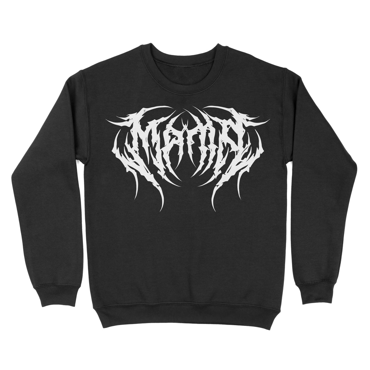Black crewneck sweatshirt shown from the front, featuring a white spiked metal-style logo reading “MAMA” across the chest.