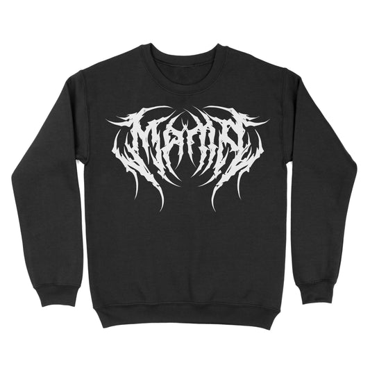 Black crewneck sweatshirt shown from the front, featuring a white spiked metal-style logo reading “MAMA” across the chest.