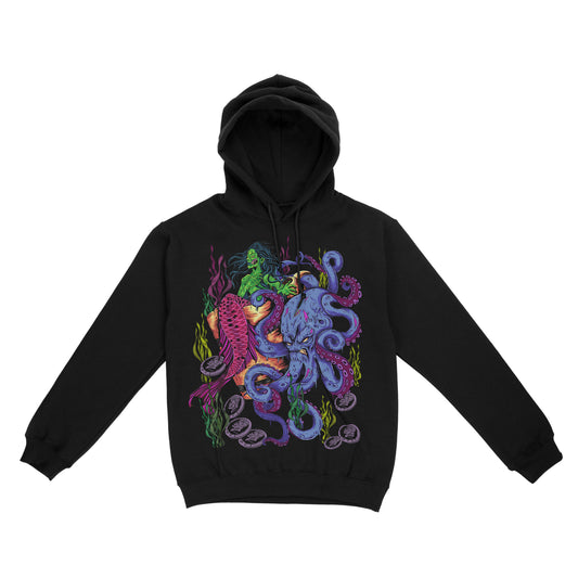 Black pullover hoodie featuring a colorful underwater illustration with an octopus, mermaid, and coral in a vibrant fantasy style.