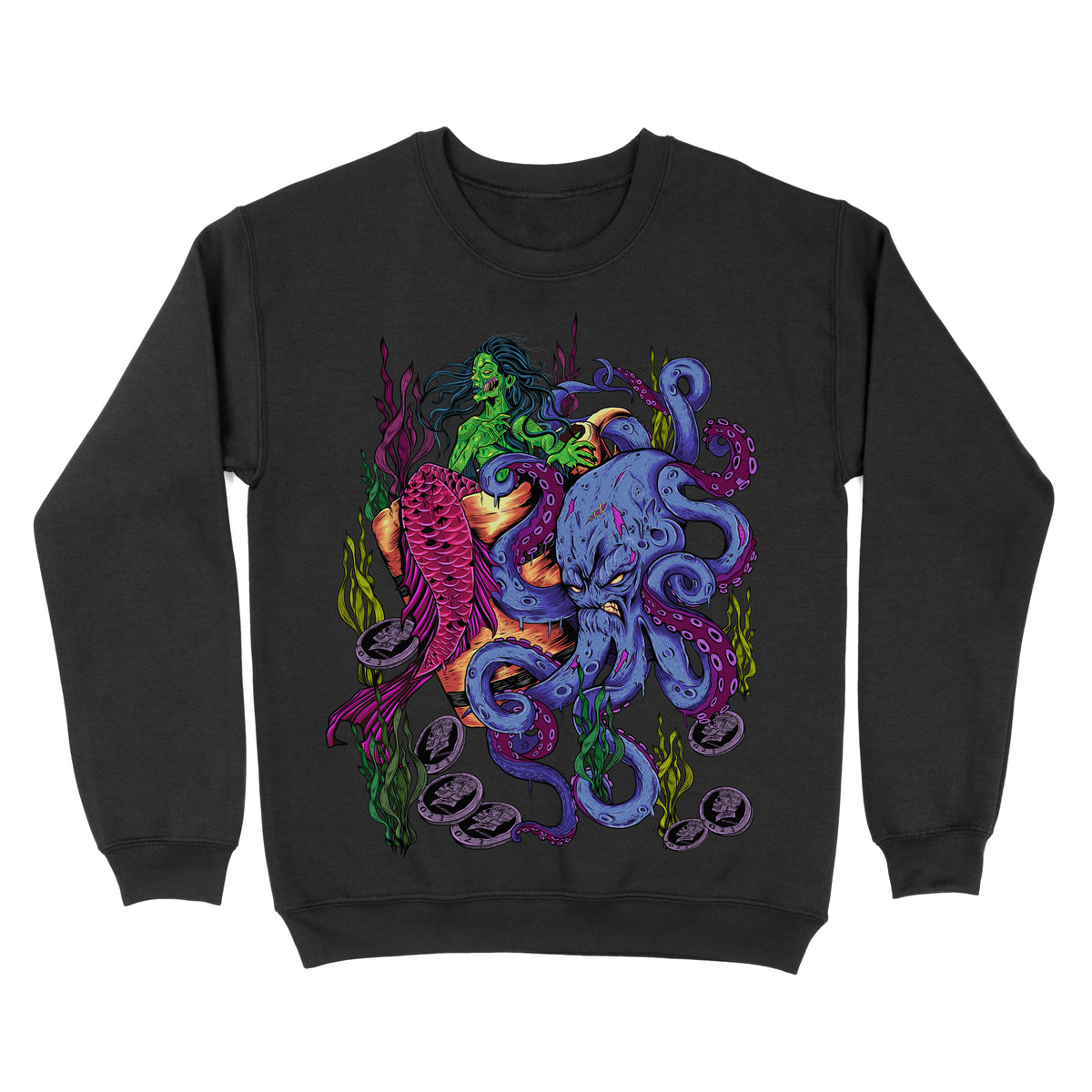Black sweatshirt featuring a colorful underwater illustration with an octopus, mermaid, and coral in a vibrant fantasy style.