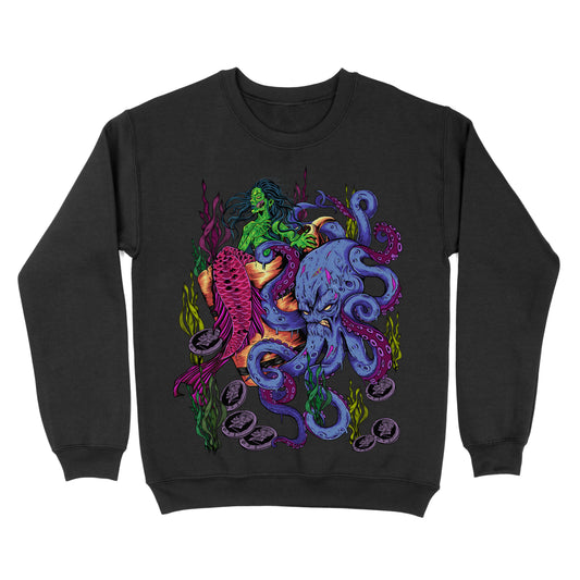Black sweatshirt featuring a colorful underwater illustration with an octopus, mermaid, and coral in a vibrant fantasy style.