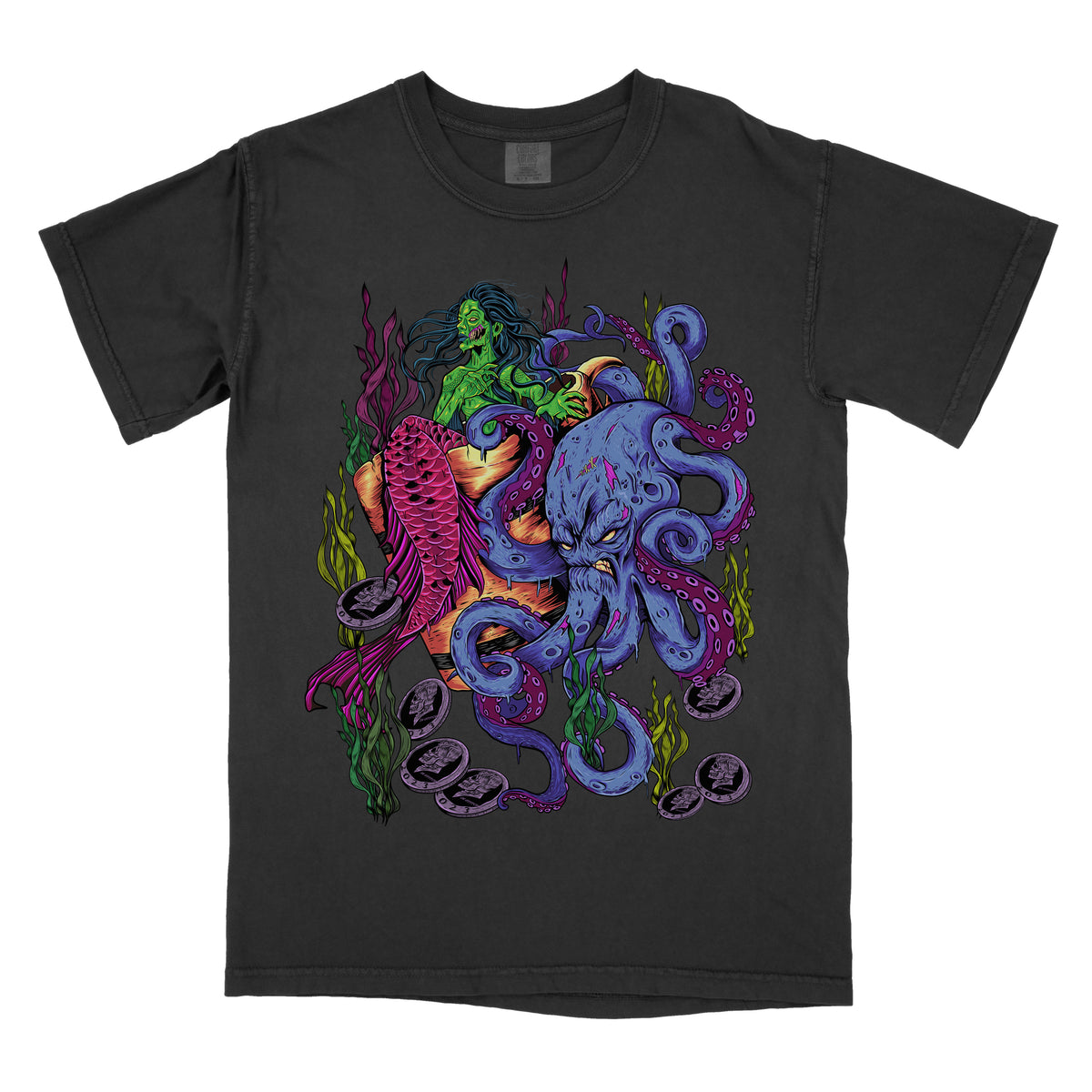 Black t-shirt  featuring a colorful underwater illustration with an octopus, mermaid, and coral in a vibrant fantasy style.