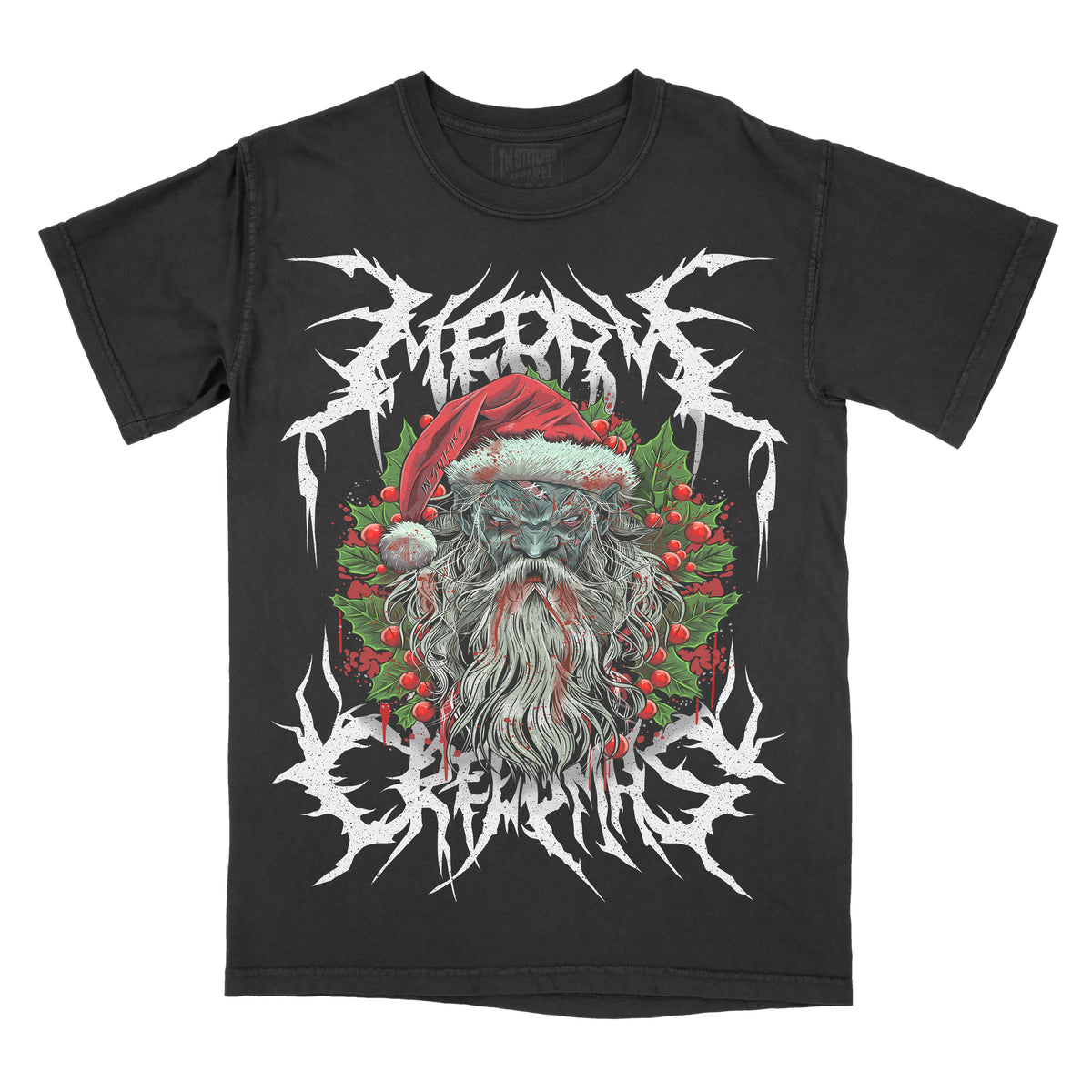 Black graphic t-shirt featuring a skull-faced Santa wearing a red hat, surrounded by holly, with white death-metal–style text reading “Merry Christmas.”