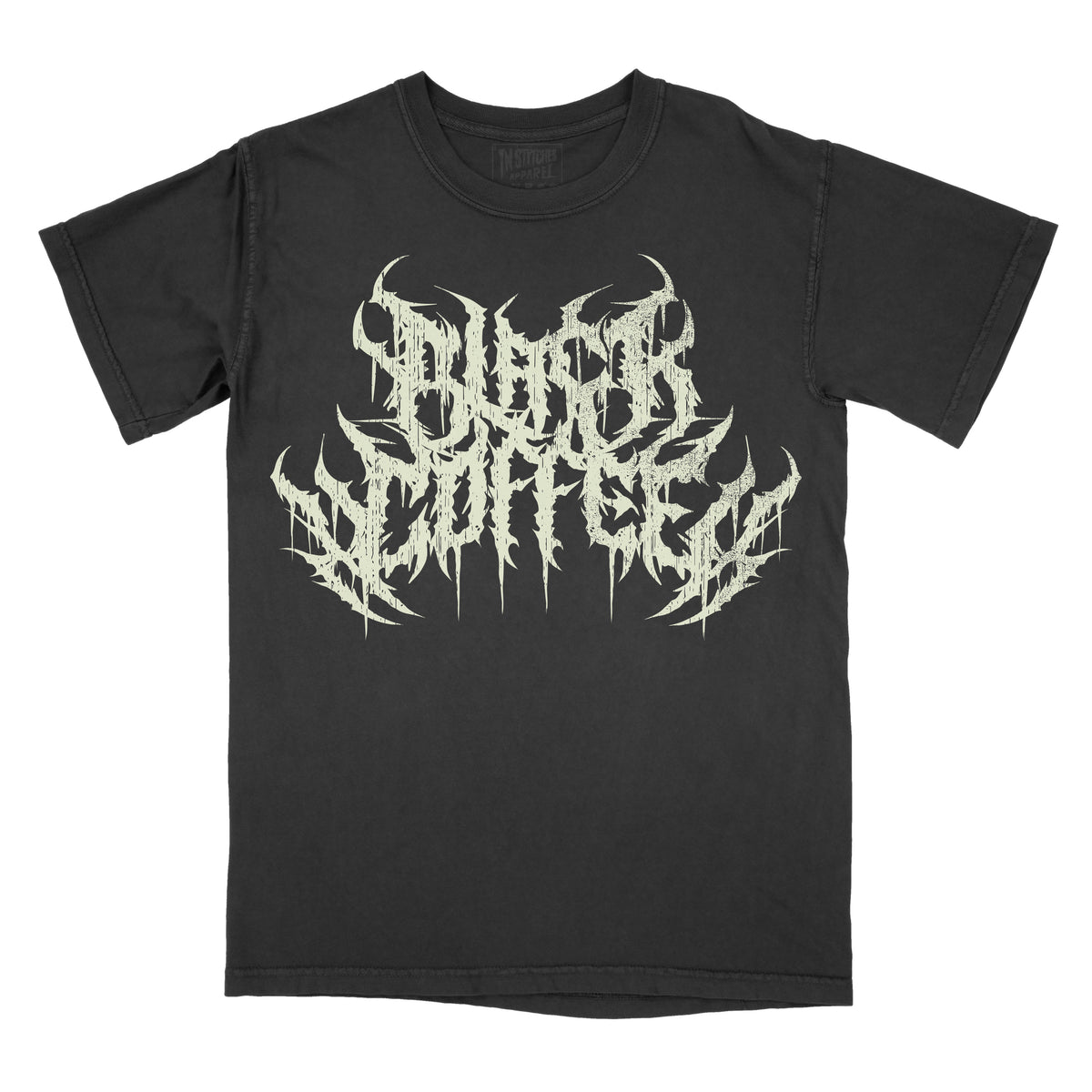 Black graphic tee with 'Black Coffee' in a metal font text design in white.