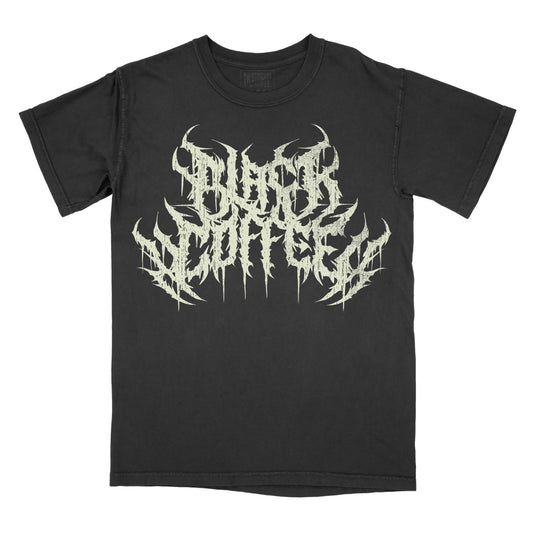 Black graphic tee with 'Black Coffee' in a metal font text design in white.