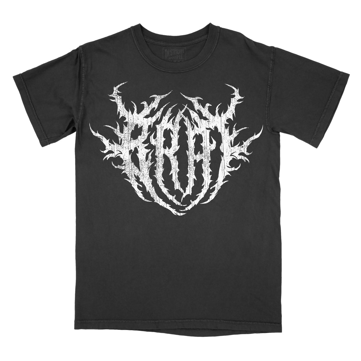 Black graphic t-shirt featuring a white, jagged death-metal–style logo spelling the word “Brat” with sharp, thorn-like lettering centered on the chest.