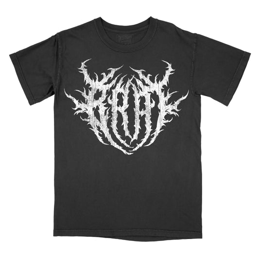 Black graphic t-shirt featuring a white, jagged death-metal–style logo spelling the word “Brat” with sharp, thorn-like lettering centered on the chest.