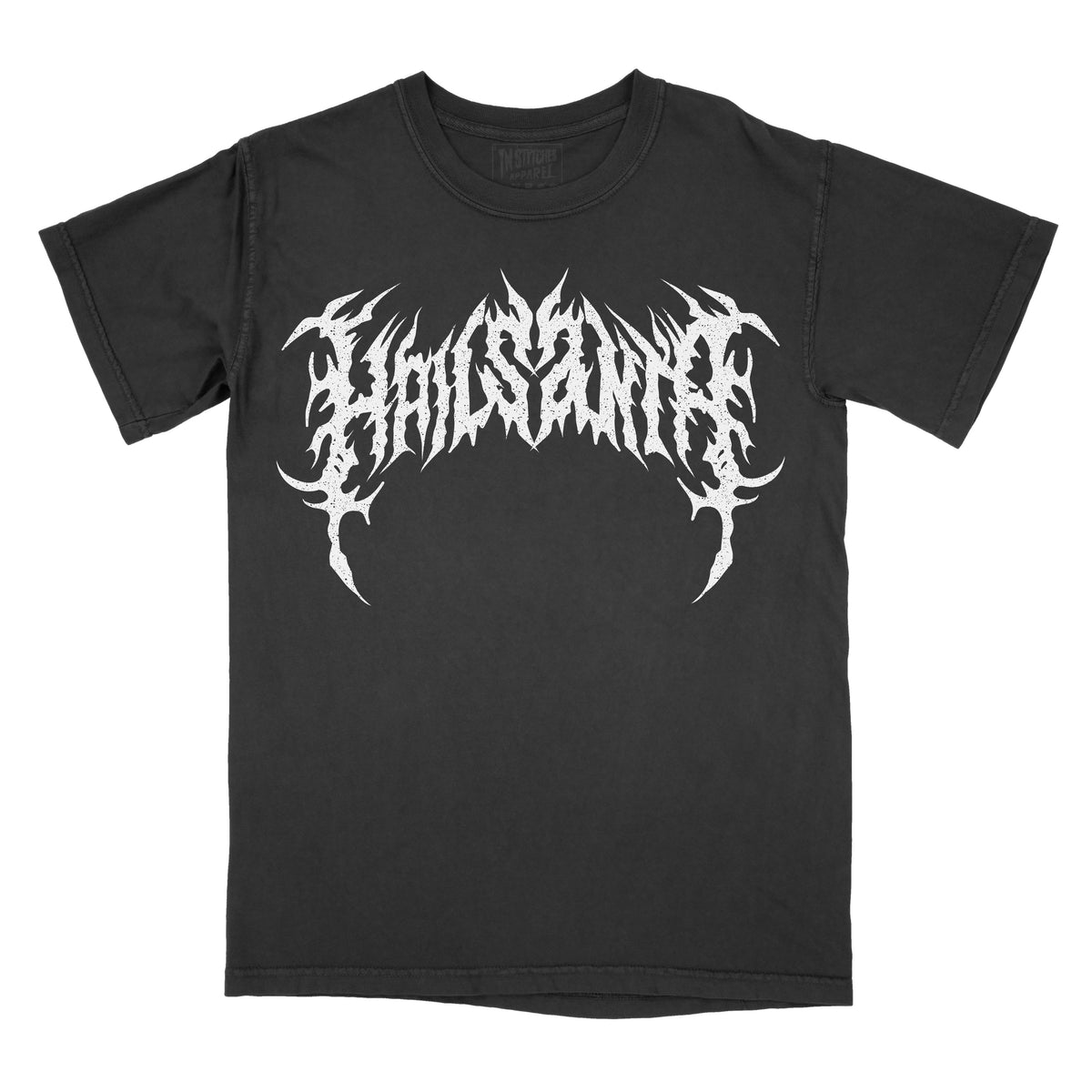 Black graphic t-shirt featuring a white, jagged death-metal–style logo reading “Hail Santa” centered on the chest.