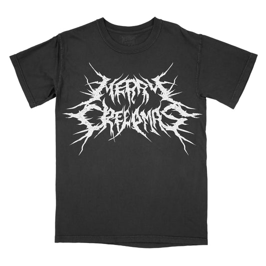 Black graphic tee with 'Merry Creepmas' text and associated graphics in white on the front.