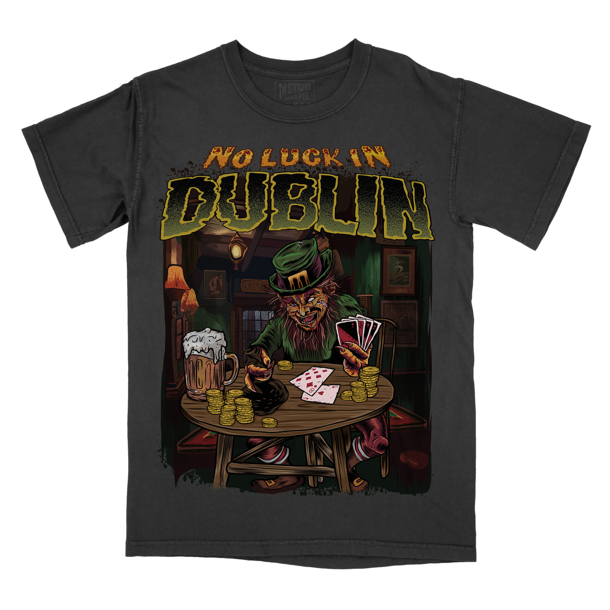 Pepper T-shirt with a graphic reading “No Luck in Dublin,” featuring a leprechaun playing cards at a wooden table with beer mugs and gold coins.