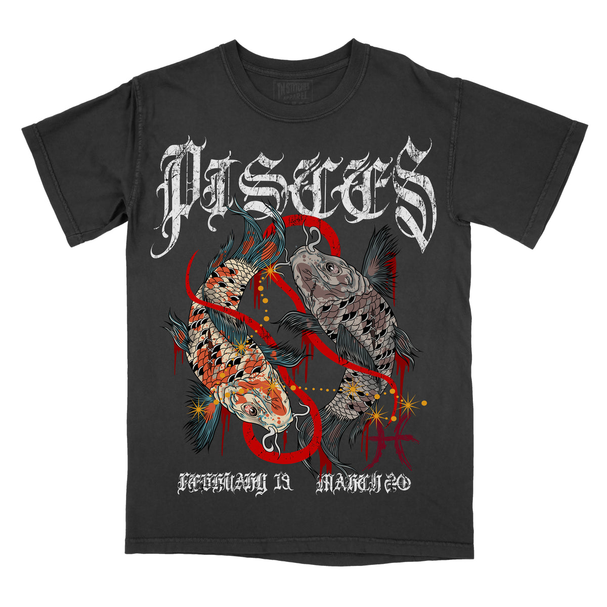 Graphic tee with a zodiac theme, featuring the sign of Pisces with accompanying text and decorative elements.