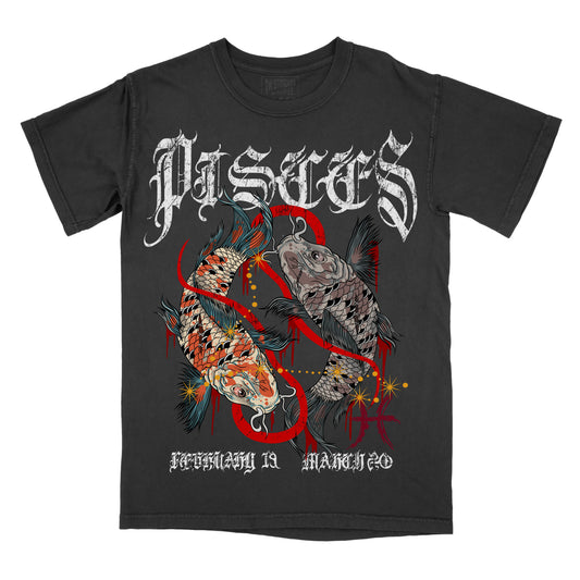 Graphic tee with a zodiac theme, featuring the sign of Pisces with accompanying text and decorative elements.
