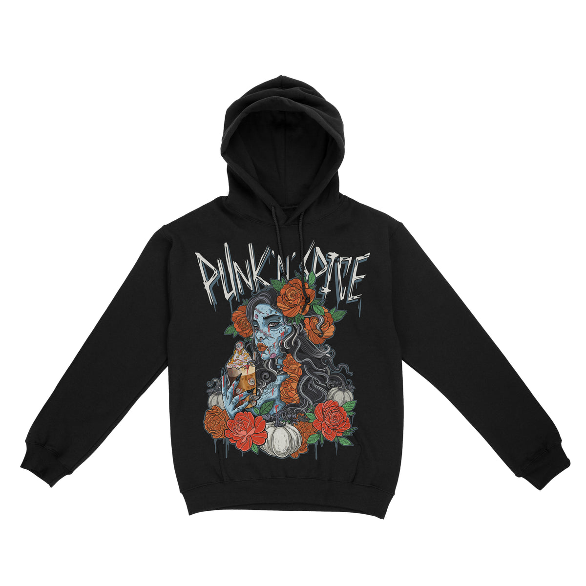 Black pullover hoodie featuring a gothic illustration of a woman with blue skin, roses, and skeletal details, with ‘Punk N Spice' text above the artwork.