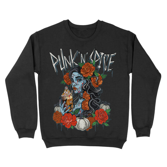 Black sweatshirt  featuring a gothic illustration of a woman with blue skin, roses, and skeletal details, with ‘Punk N Spice' text above the artwork.