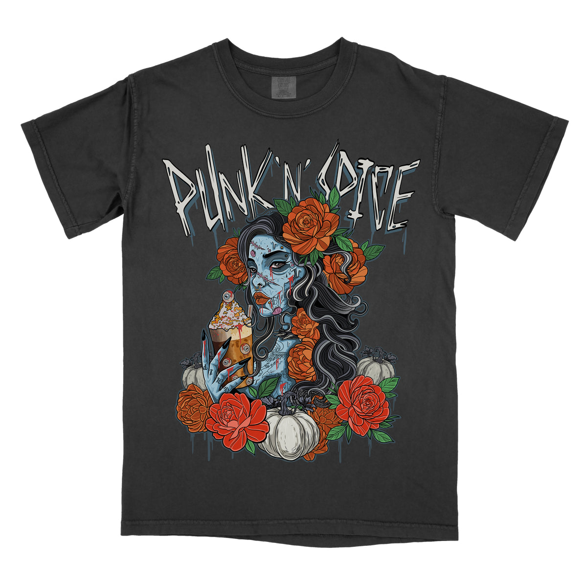 Black t-shirt  featuring a gothic illustration of a woman with blue skin, roses, and skeletal details, with ‘Punk N Spice' text above the artwork.