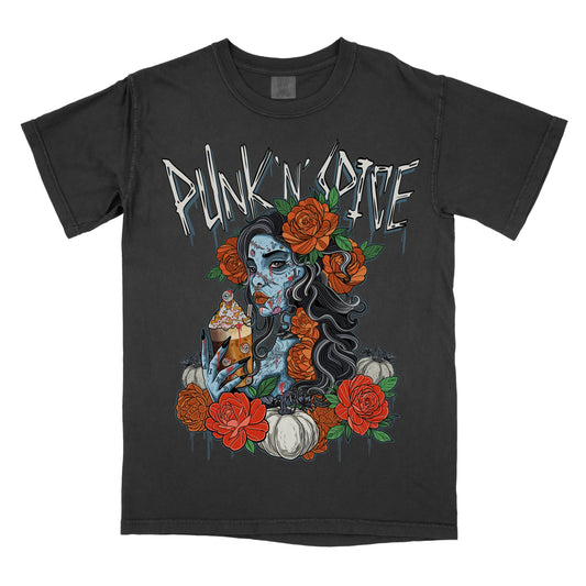 Black t-shirt  featuring a gothic illustration of a woman with blue skin, roses, and skeletal details, with ‘Punk N Spice' text above the artwork.