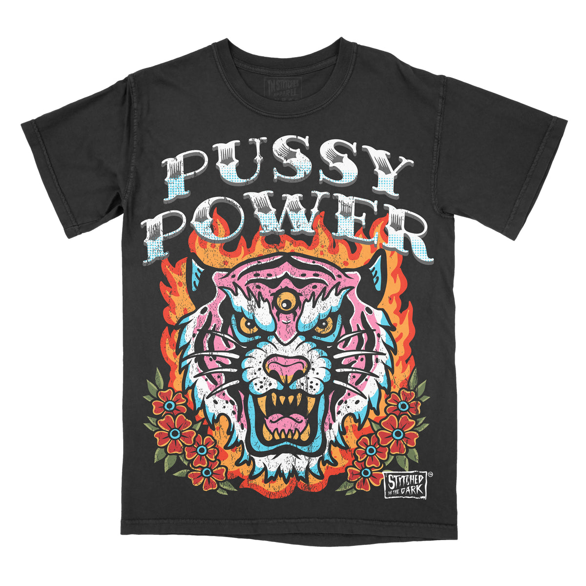 Black vintage wash T-shirt featuring a colorful traditional tattoo-style three-eyed tiger surrounded by flames and flowers with the phrase “Pussy Power.”
