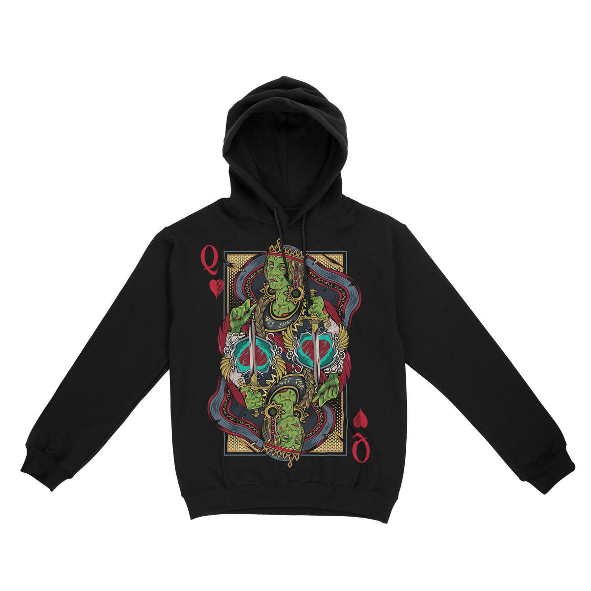 Black hoodie featuring a bold Queen of Hearts playing card–style graphic with mirrored green figures, red heart symbols, and ornate gothic detailing on the front.