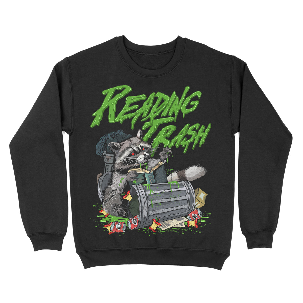 Black crewneck sweatshirt featuring a raccoon digging through a trash can with green text reading “Reading Trash.”