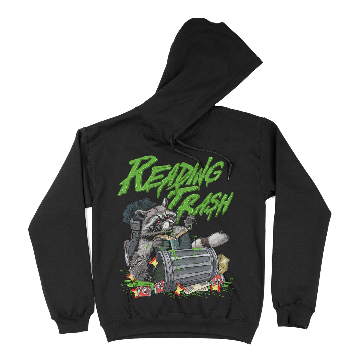 Black pullover hoodie with hood and front kangaroo pocket, shown from the front, featuring a raccoon digging through a trash can with green text reading “Reading Trash.”