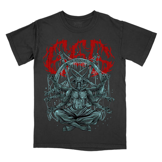 Black t-shirt featuring an occult-style graphic of a seated figure surrounded by a pentagram and ritual symbols, with red 666 artwork above the illustration.