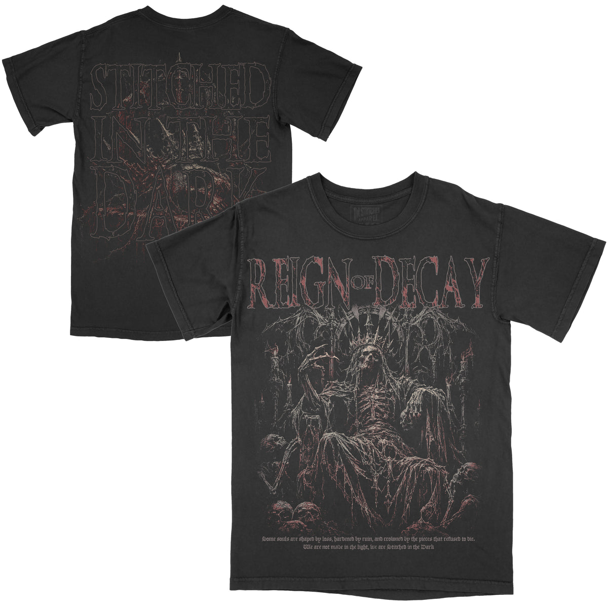 Front and back views of a black vintage-wash Reign of Decay graphic tee featuring a skeletal crowned figure on a gothic throne on the front and an oversized Stitched in the Dark graphic on the back.