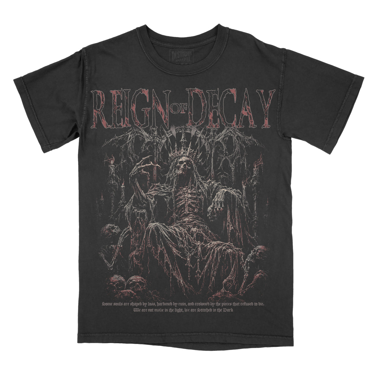 Black vintage-wash graphic tee featuring “Reign of Decay” across the chest above a skeletal crowned figure seated on a gothic throne, surrounded by skulls and distressed dark red details.