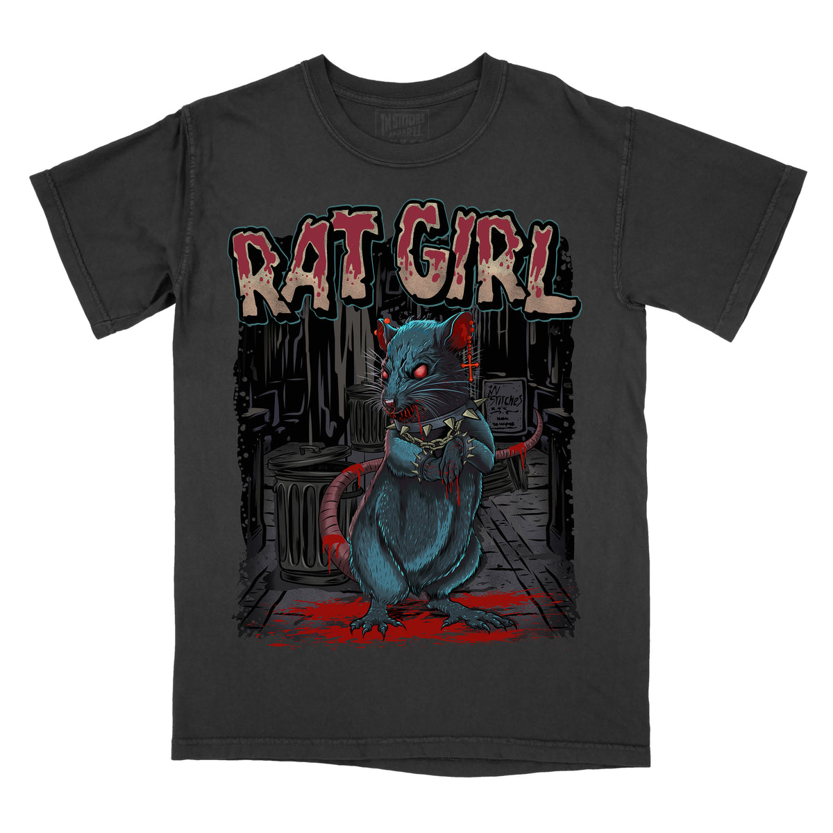 Black graphic tee with a cartoon-style rat character in a city setting, with the text 'RAT GIRL' prominently displayed.