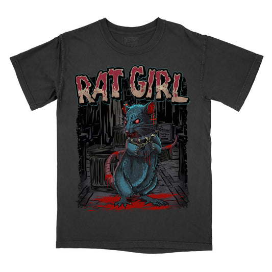 Black graphic tee with a cartoon-style rat character in a city setting, with the text 'RAT GIRL' prominently displayed.