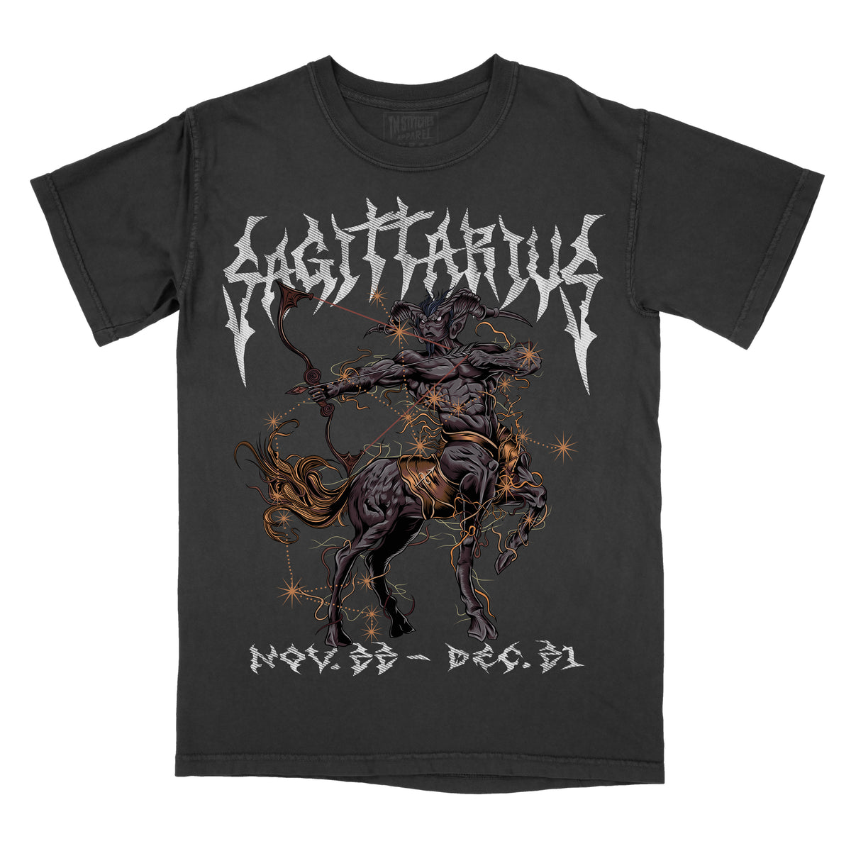 pepper graphic tee with a design of a centaur and zodiac signs, and the text 'Sagittarius' above.