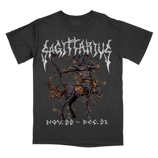 pepper graphic tee with a design of a centaur and zodiac signs, and the text 'Sagittarius' above.