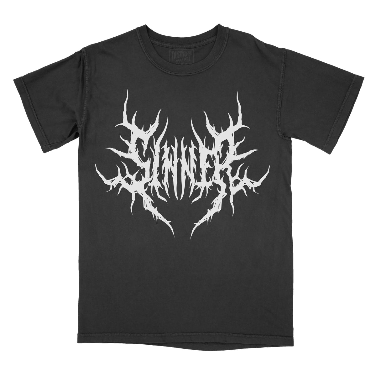 Black T-shirt featuring the word "SINNER" in a white heavy metal-inspired font with mirrored, jagged lettering, sharp thorn-like spikes, and pointed symmetrical details.