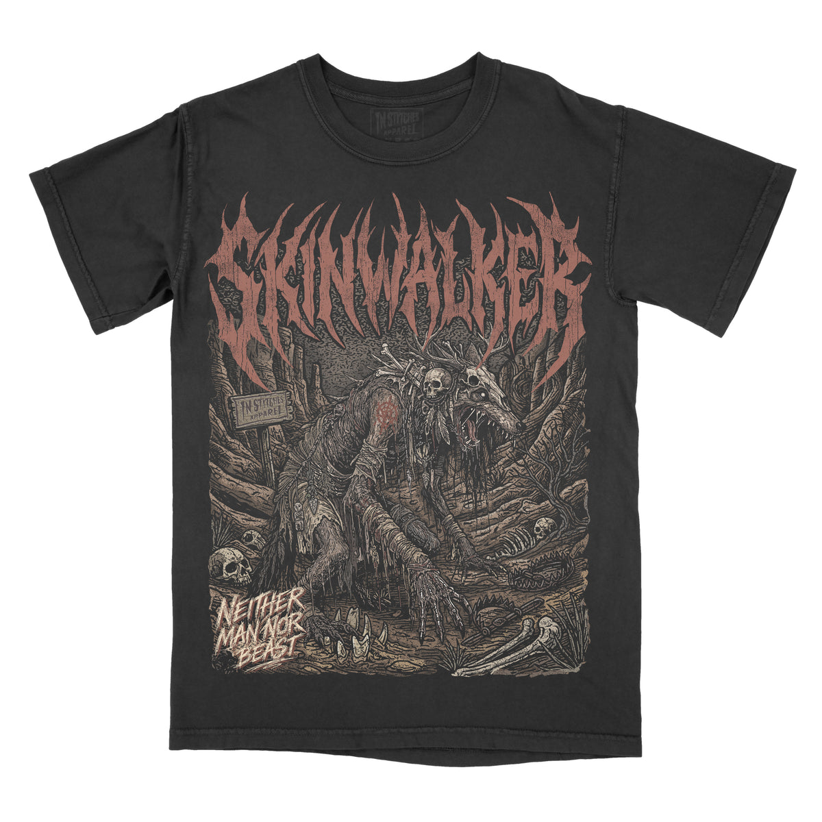 Black graphic t-shirt featuring an original illustration of a skeletal Skinwalker creature with gothic lettering and dark forest-inspired artwork.