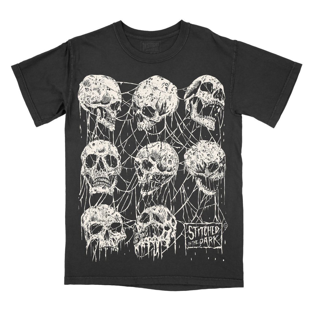 Black vintage wash T-shirt featuring a distressed Webbed Skulls graphic with white skulls tangled in spiderwebs and Stitched in the Dark branding.