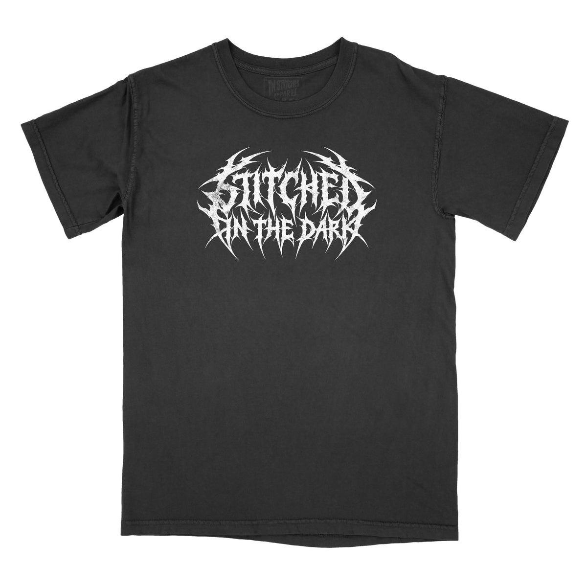 Front of a black vintage-wash graphic tee featuring a small white Stitched in the Dark metal-style logo centered on the chest.