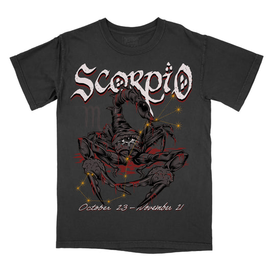 Pepper graphic t-shirt with “Scorpio” text, illustrated scorpion zodiac artwork, and dates October 23 to November 21.